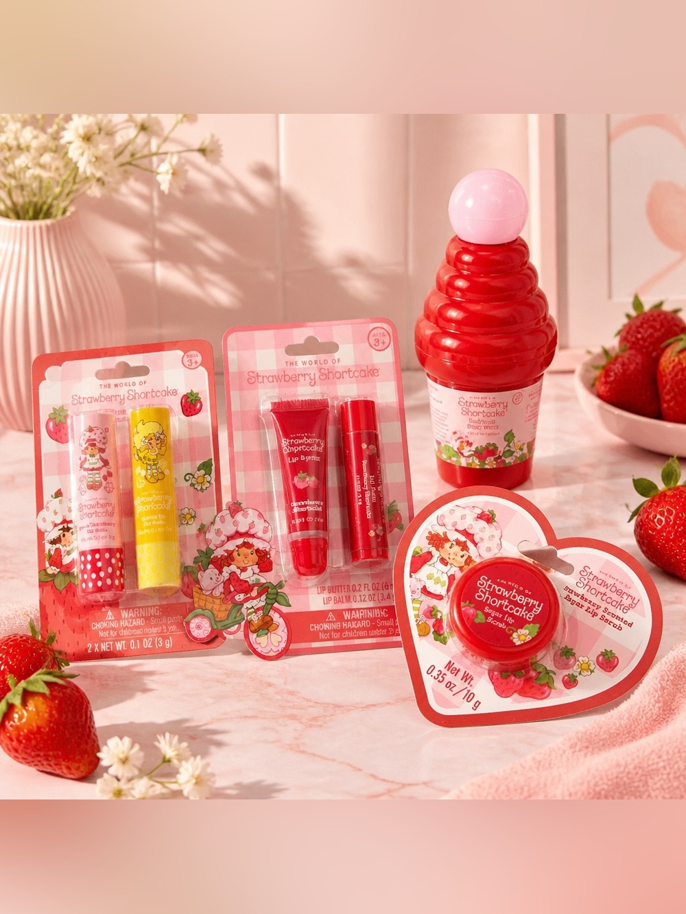 The World Of Strawberry Shortcake 4 Piece Bundle Lip Balms, Scrub, Bubble Bath